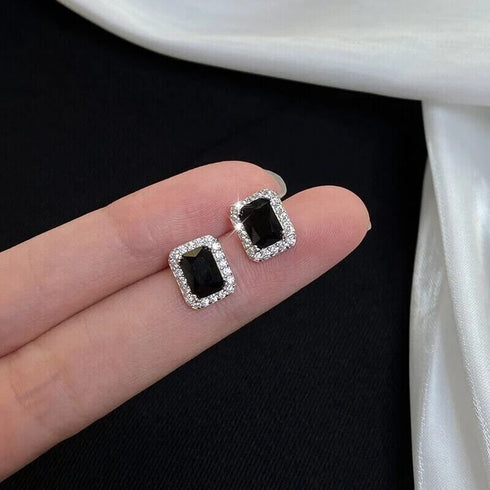 Baguette Cut 14K White Gold Plated Black Cubic Zirconia Men Women Stud Earrings